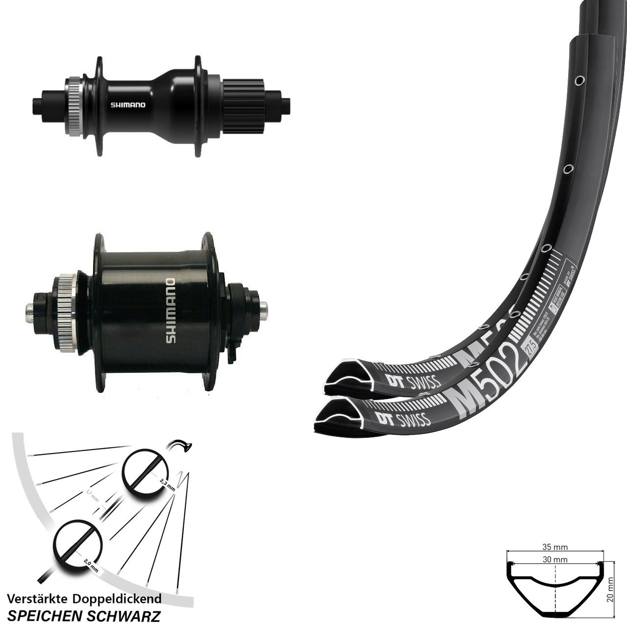 DT Swiss M502 Shimano DH-UR700 FH-QC500-MS 27,5 Zoll Disc Laufradsatz QR Micro Spline