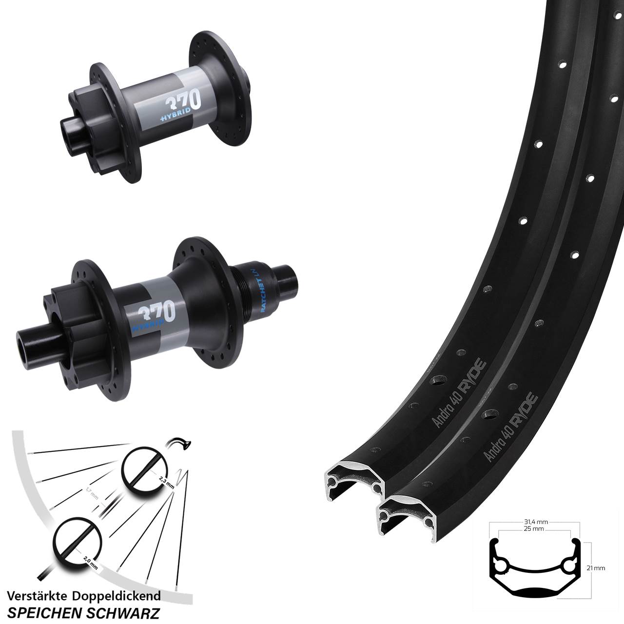 Ryde Andra 40 DT Swiss 370 Hybrid 27,5 Zoll Disc Laufrad-Satz Boost XD