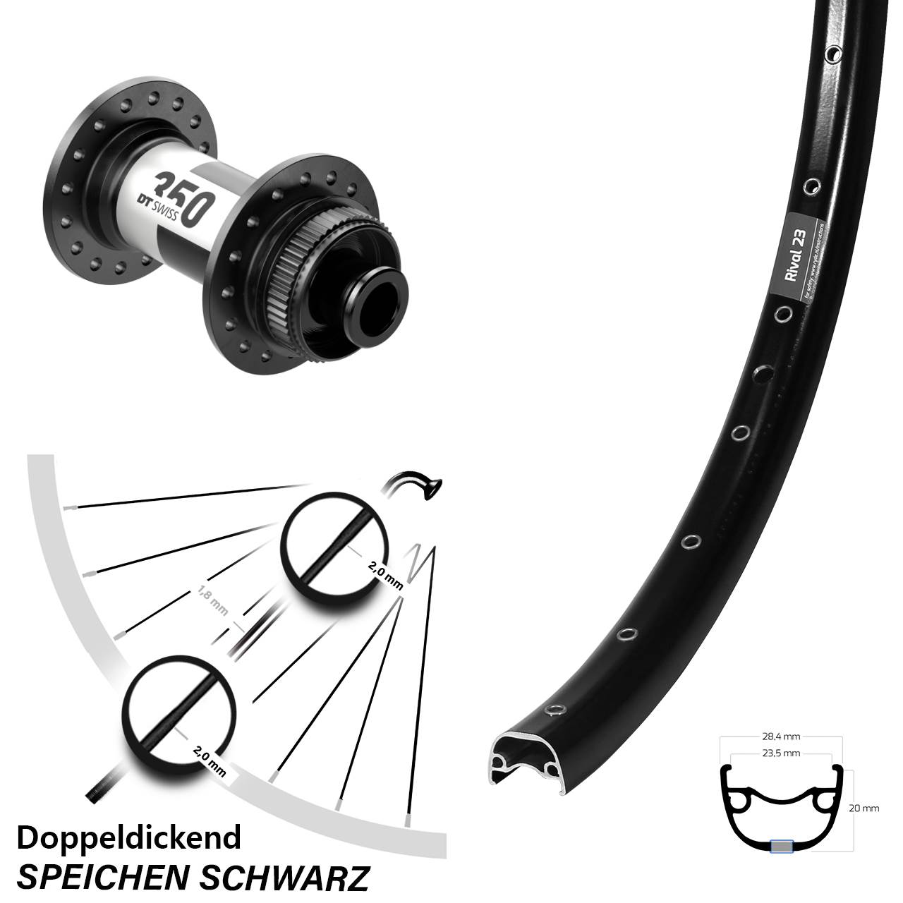 Laufrad 27,5 Zoll Ryde Rival 23 Disc schwarz DT Swiss 350 12x100 Centerlock