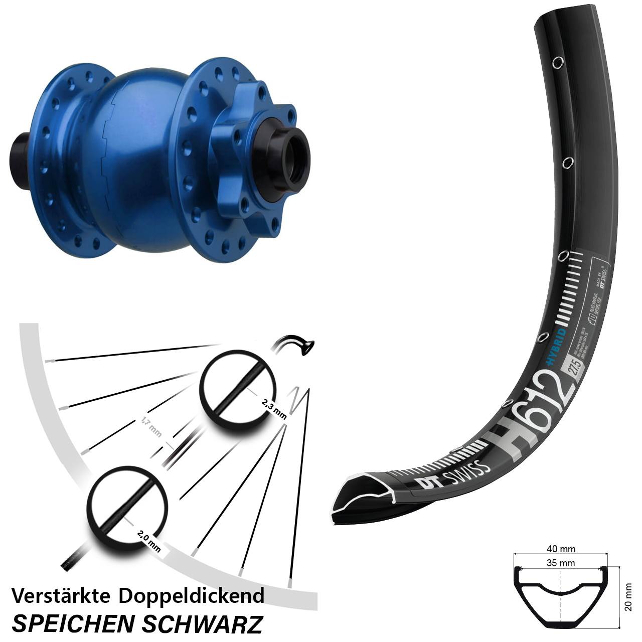 6-Loch Dynamo-Vorderrad 27,5 Zoll DT Swiss H 612 SON 28 blau 15x110 Boost