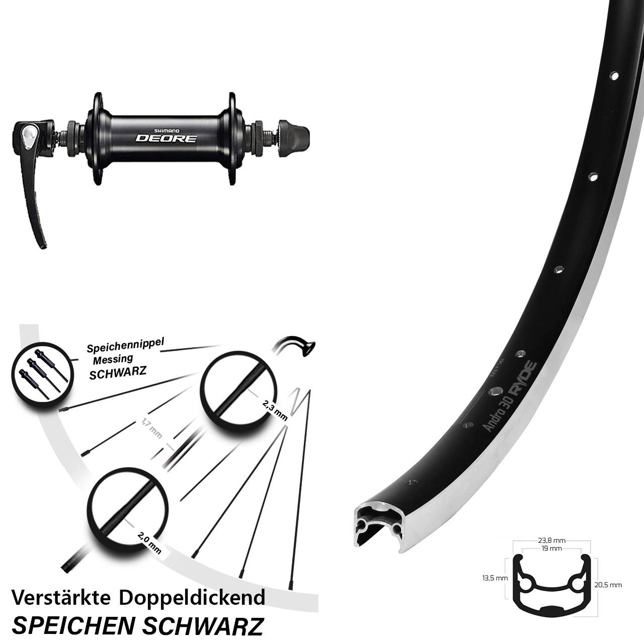 Vorderrad 26 Zoll Ryde Andra 30 Shimano Deore QR