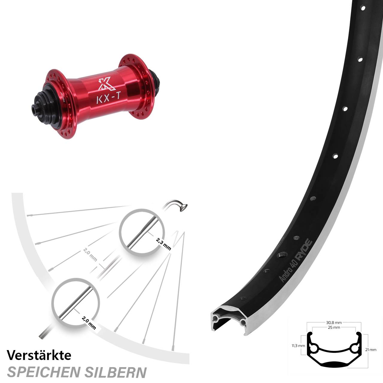 Laufrad 26 Zoll Ryde Andra 40 schwarz KX-T Felgenbremse 5/100 rot