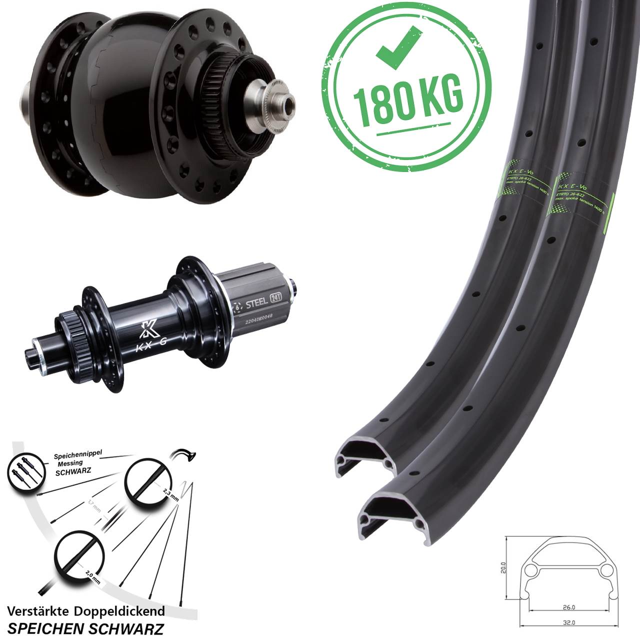 26 Zoll KX-GS Evo verstärkt SON 28 Disc Laufrad-Satz für Schnellspanner 8-12 fach HG