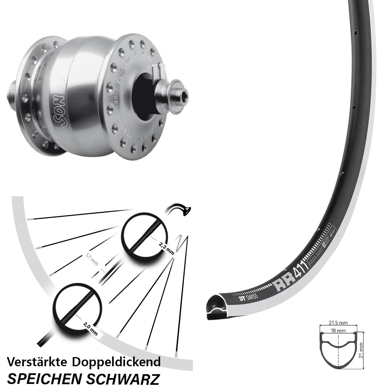 Nabendynamo-Vorderrad 28 Zoll DT Swiss RR 411 SONdelux QR