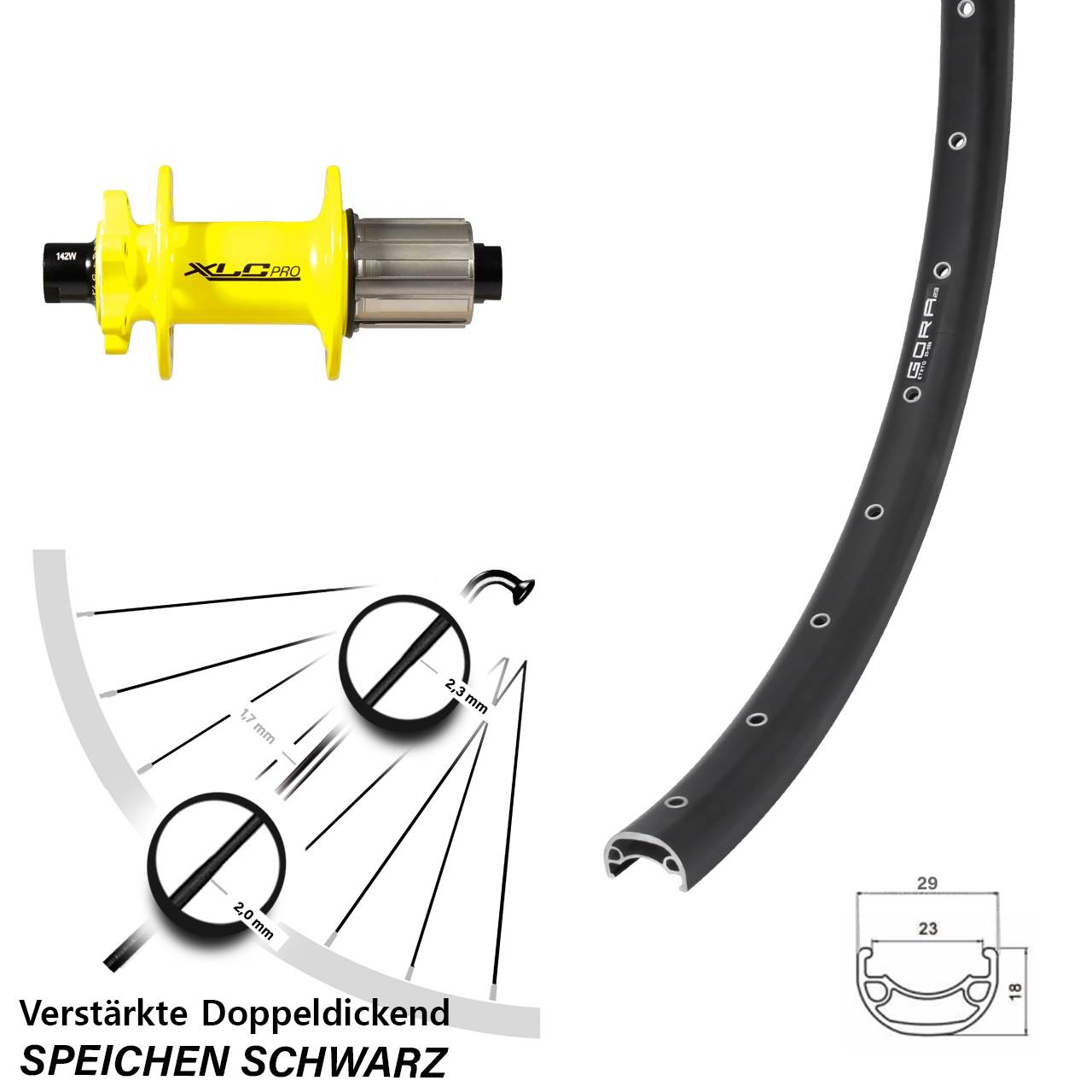 Gora 23 XLC Pro gelb 28-29 Zoll Disc Hinterrad 12x142 8-11 fach HG
