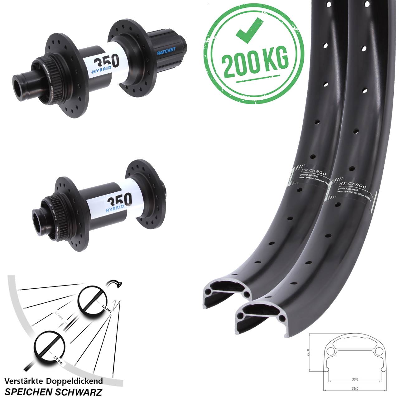 Laufradsatz 15x110 12x148 26 Zoll KX Cargo DT Swiss Hybrid 350 8-11 fach HG