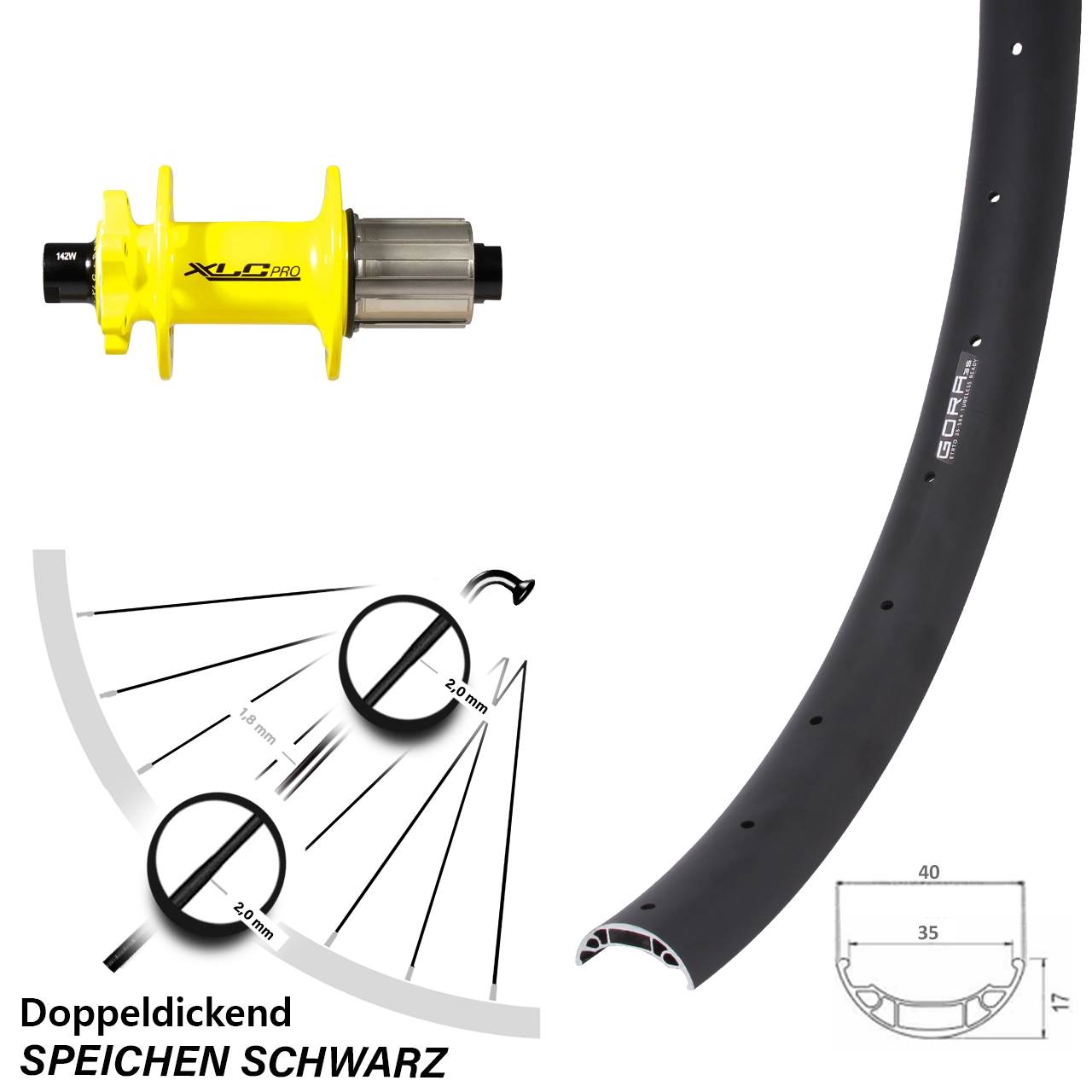 27,5 Zoll Gora 35 XLC Pro gelb Hinterrad 6-Loch 12x142 8-11 fach HG