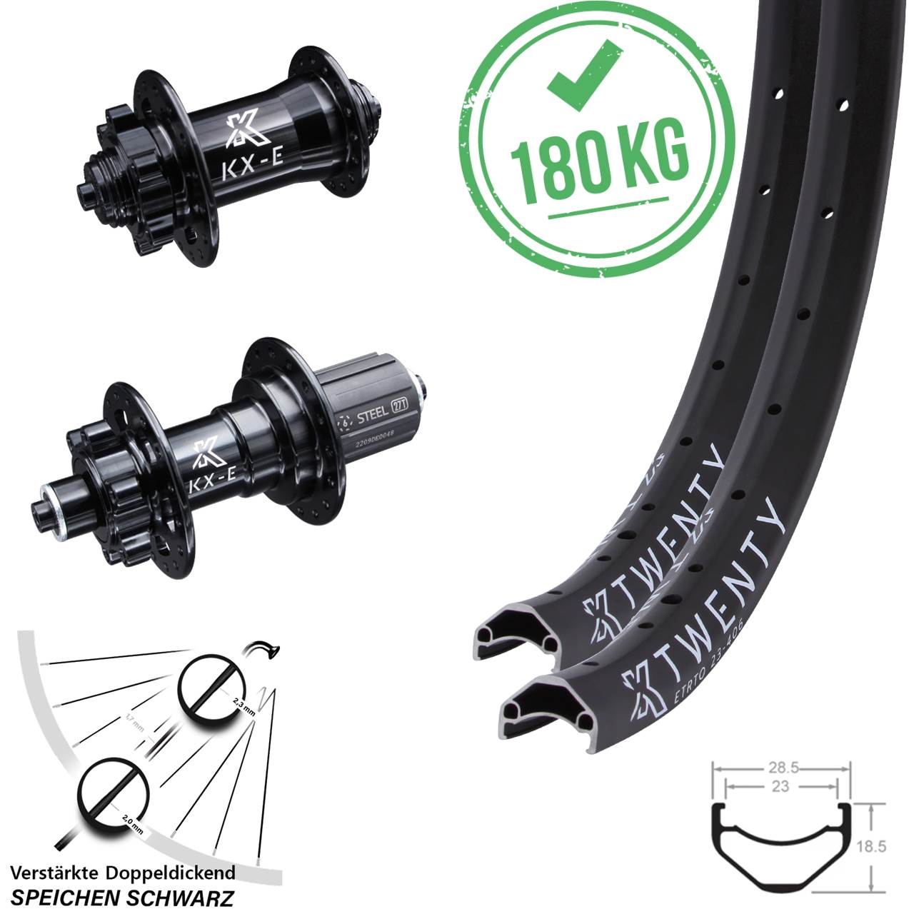 Laufradsatz KX Twenty 20 Zoll schwarz Schnellspanner verstärkt Shimano HG 6-loch