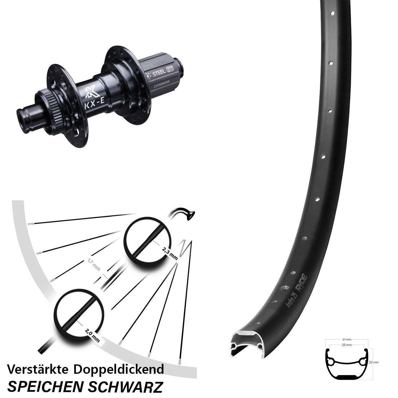 28-29 Zoll Hinterrad verstärkt KX-E 12x142 mm Centerlock 8-12 fach Ryde Andra 25
