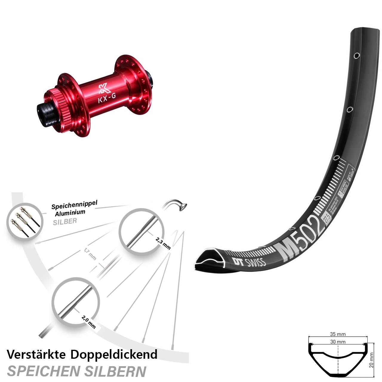 Vorderrad Centerlock 15x100 29 Zoll DT Swiss M 502 KX-G rot