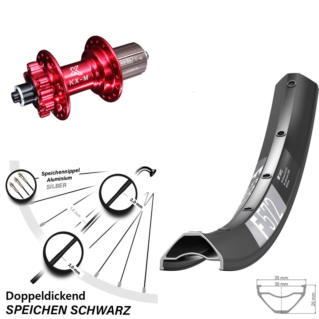 DT Swiss F 572 KX-M rot 29 Zoll Hinterrad 6-Loch QR 8-12 fach