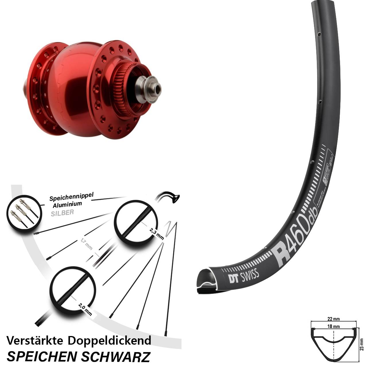 SON delux rot DT Swiss R 460 Disc 28 Zoll Laufrad mit Nabendynamo für Schnellspanner