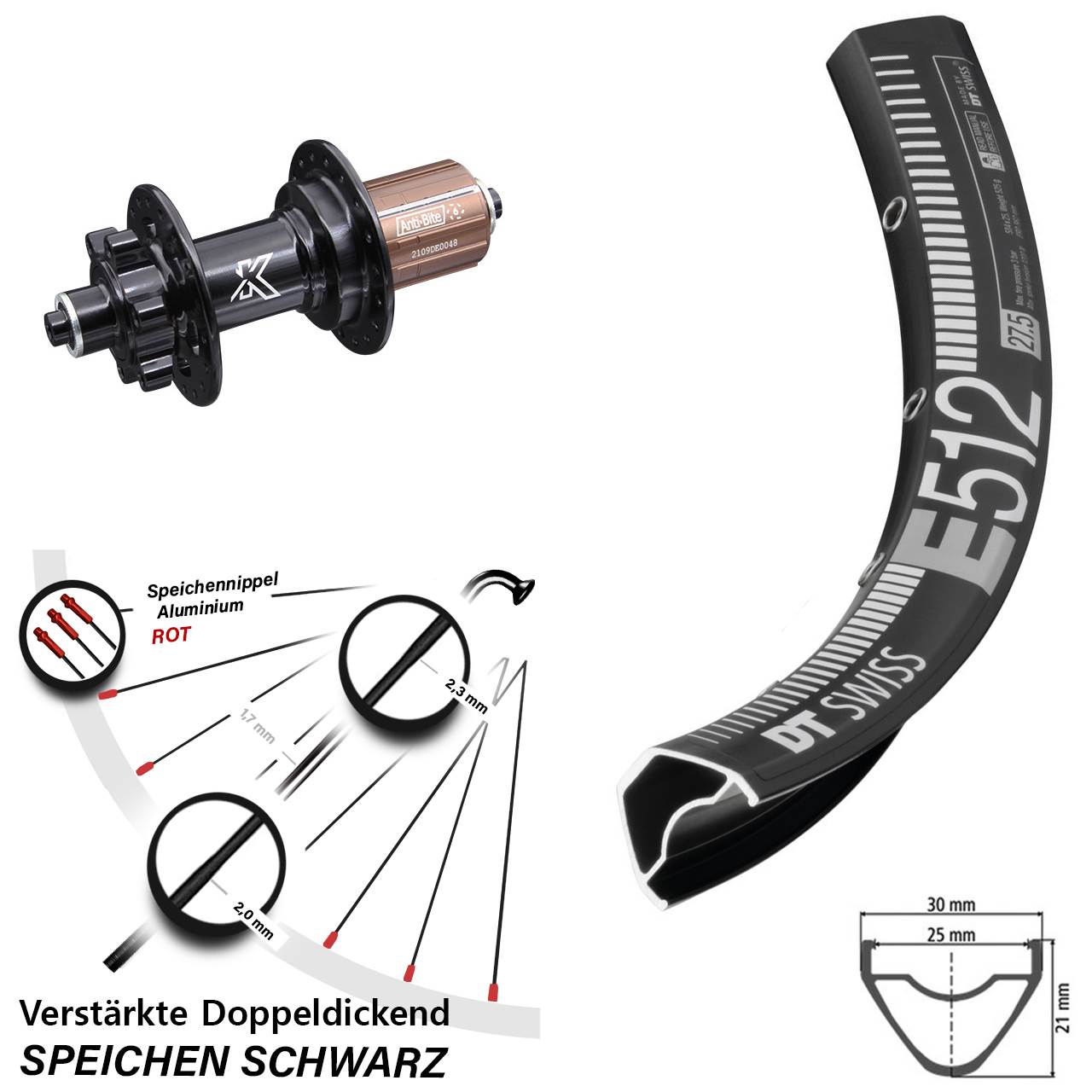 DT Swiss E512 KX-M Disc 29 Zoll Hinterrad für Schnellspanner 8-12 fach HG