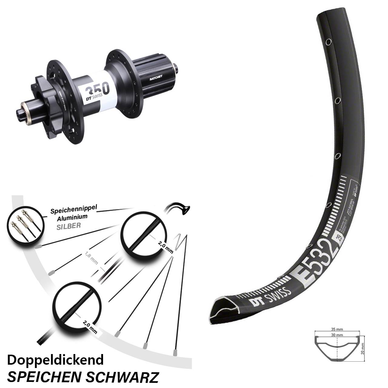 27,5 Zoll DT Swiss E532-350 Boost Hinterrad 6-Loch QR Boost 8-11 fach HG