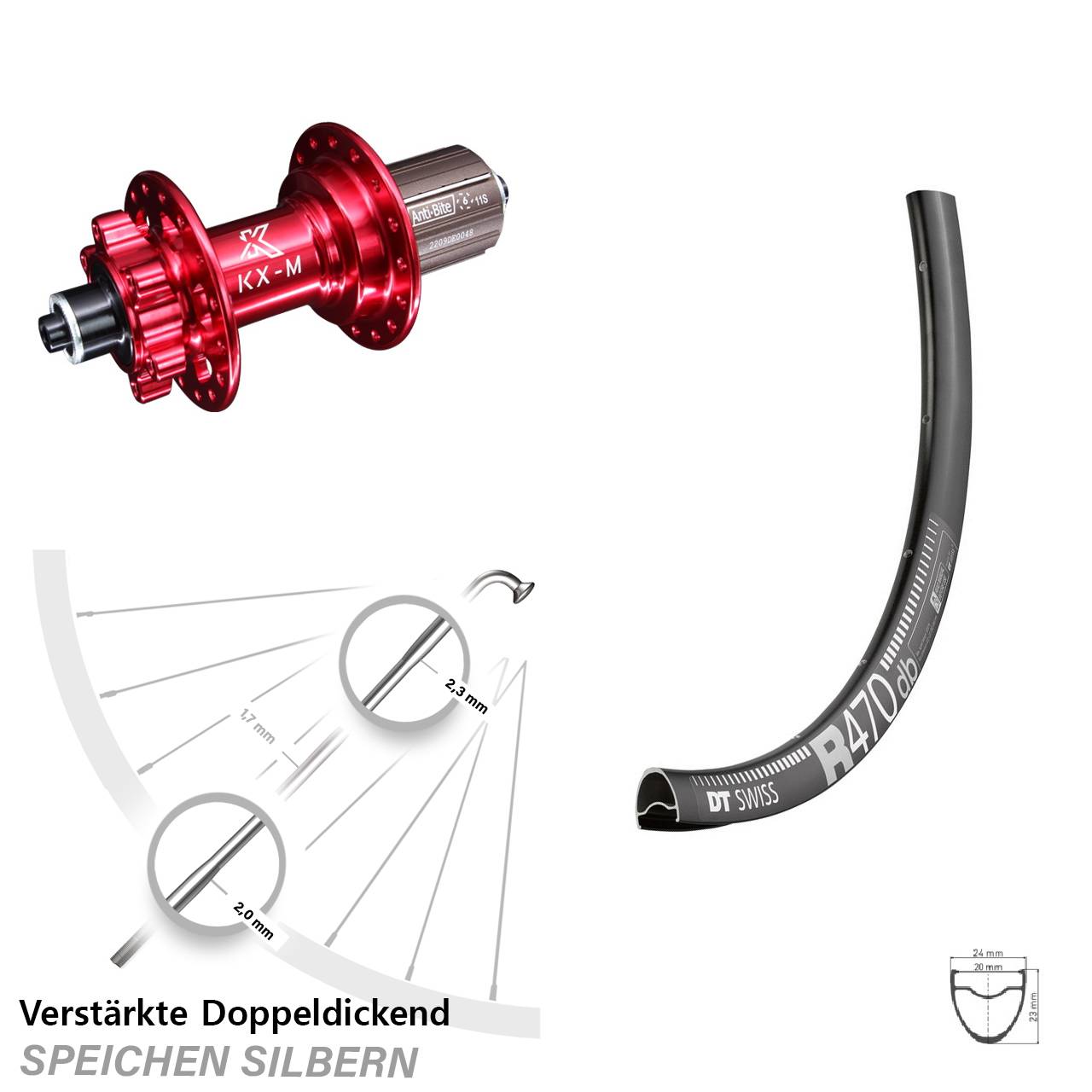 6-Loch Hinterrad 28 Zoll DT Swiss R 470 KX-M rot 8-12 fach QR