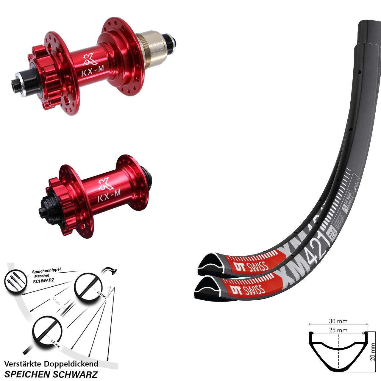 DT Swiss XM421 KX-M rot 27,5 Zoll Disc Laufradsatz für Schnellspanner SRAM XD