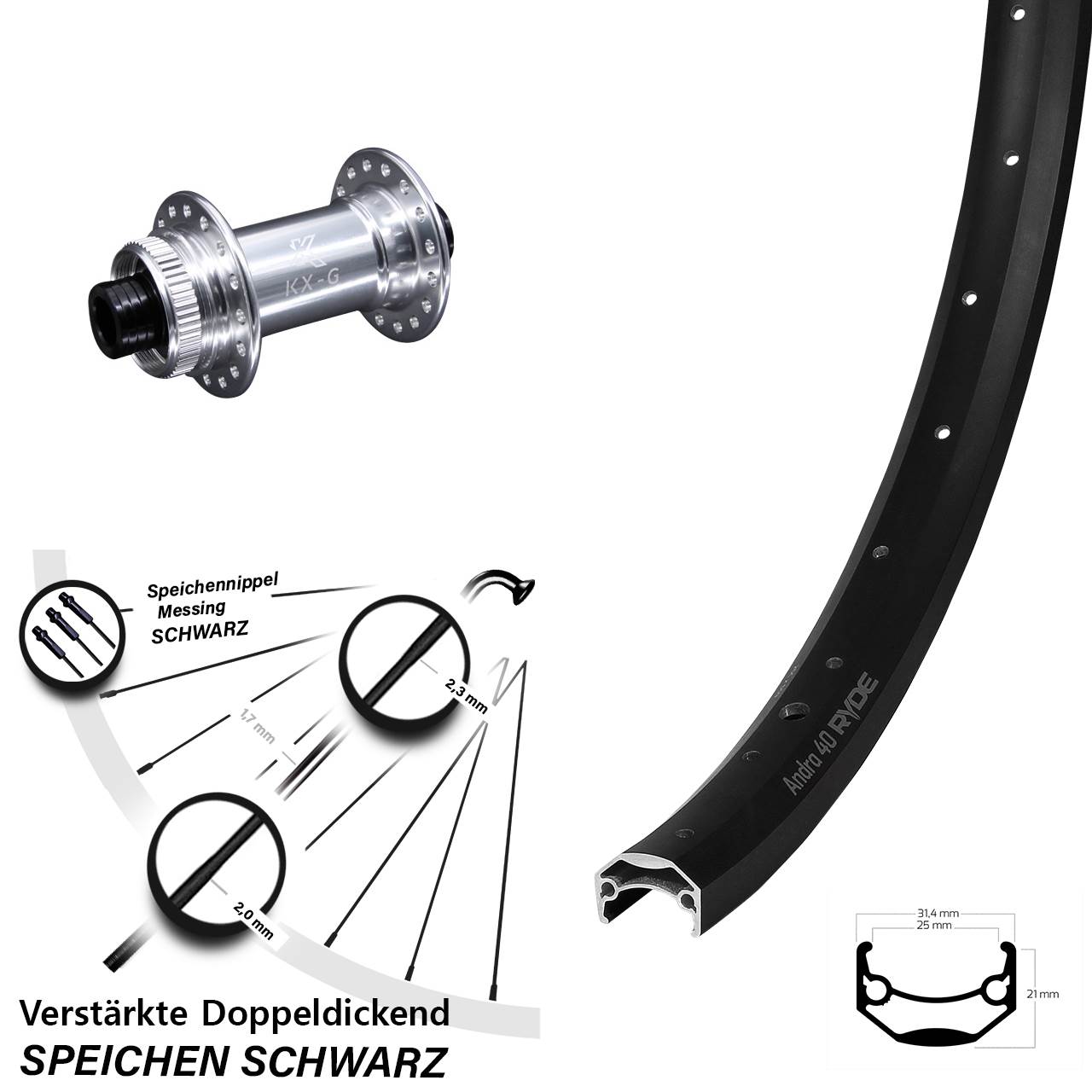 27,5 Zoll Ryde Andra 40 KX-G Centerlock Vorderrad 15x100