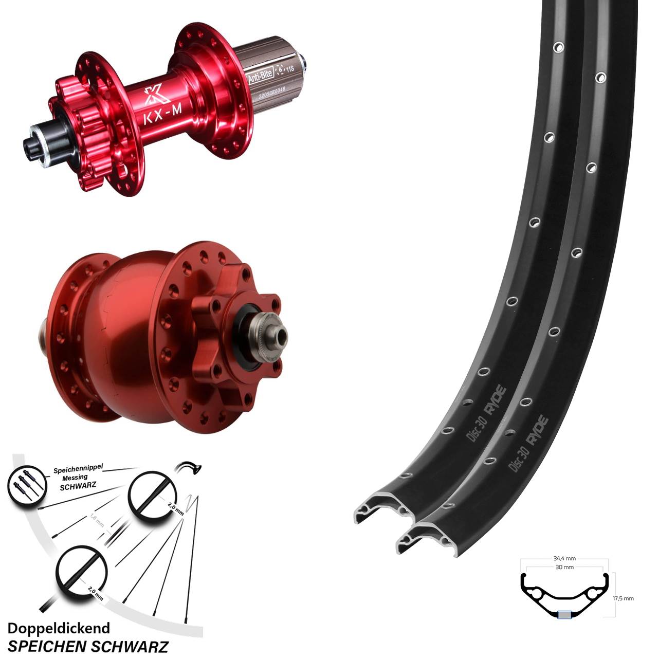 Laufradsatz für Schnellspanner 29 Zoll Ryde Disc 30 KX-M rot SON 28 8-12 fach