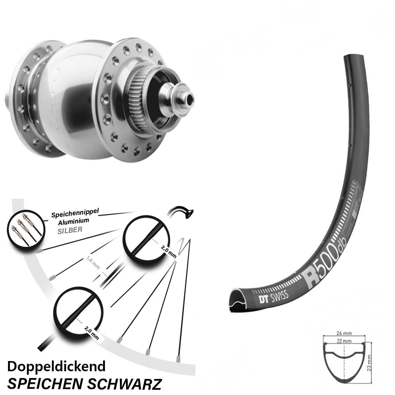 DT Swiss 29 Zoll R 500 Vorderrad mit Nabendynamo SON 28 silber eloxiert Disc