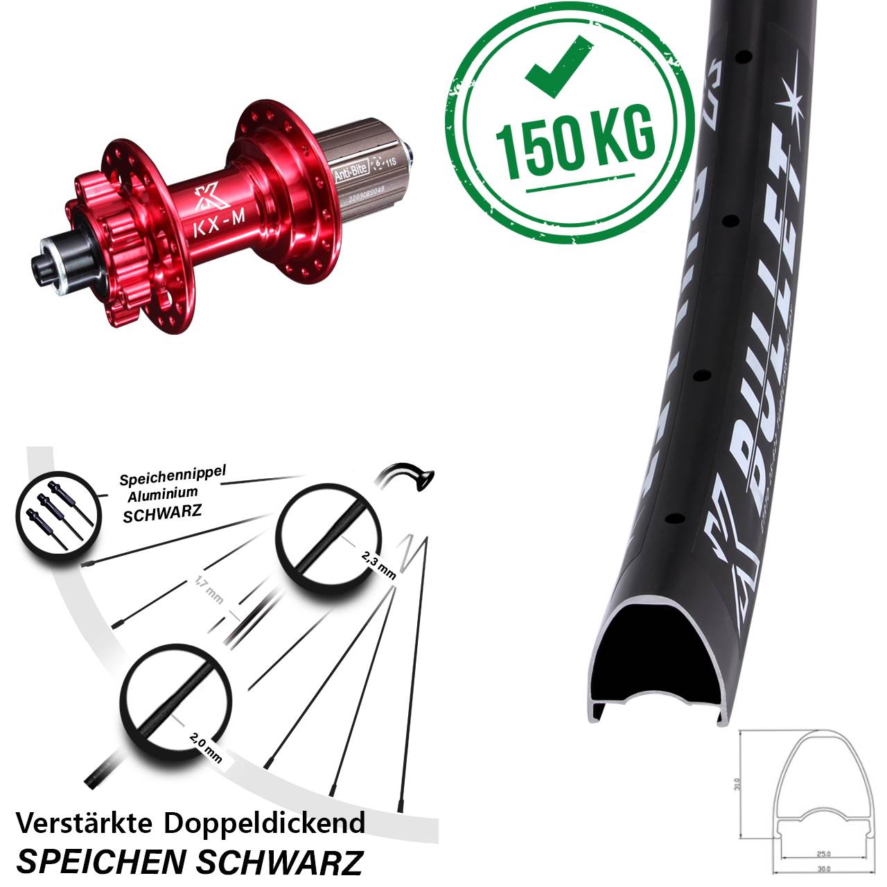 28 Zoll KX-M Bullet rot 6-Loch Hinterrad QR 8-12 fach