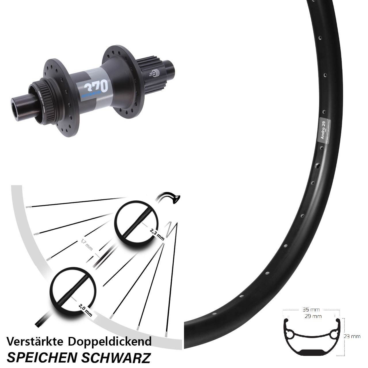 26 Zoll Ryde Andra 29 DT Swiss 370 Hybrid Disc Laufrad 12x148 Micro Spline