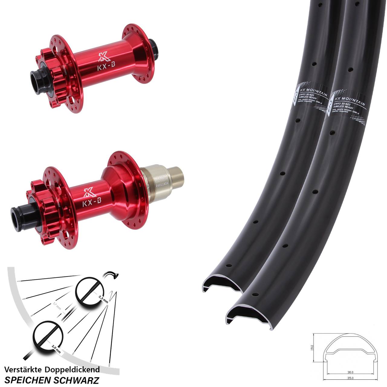 6-Loch Laufradsatz 29 Zoll KX-B Mountain TR rot XD 11-12 fach 15x110 12x148