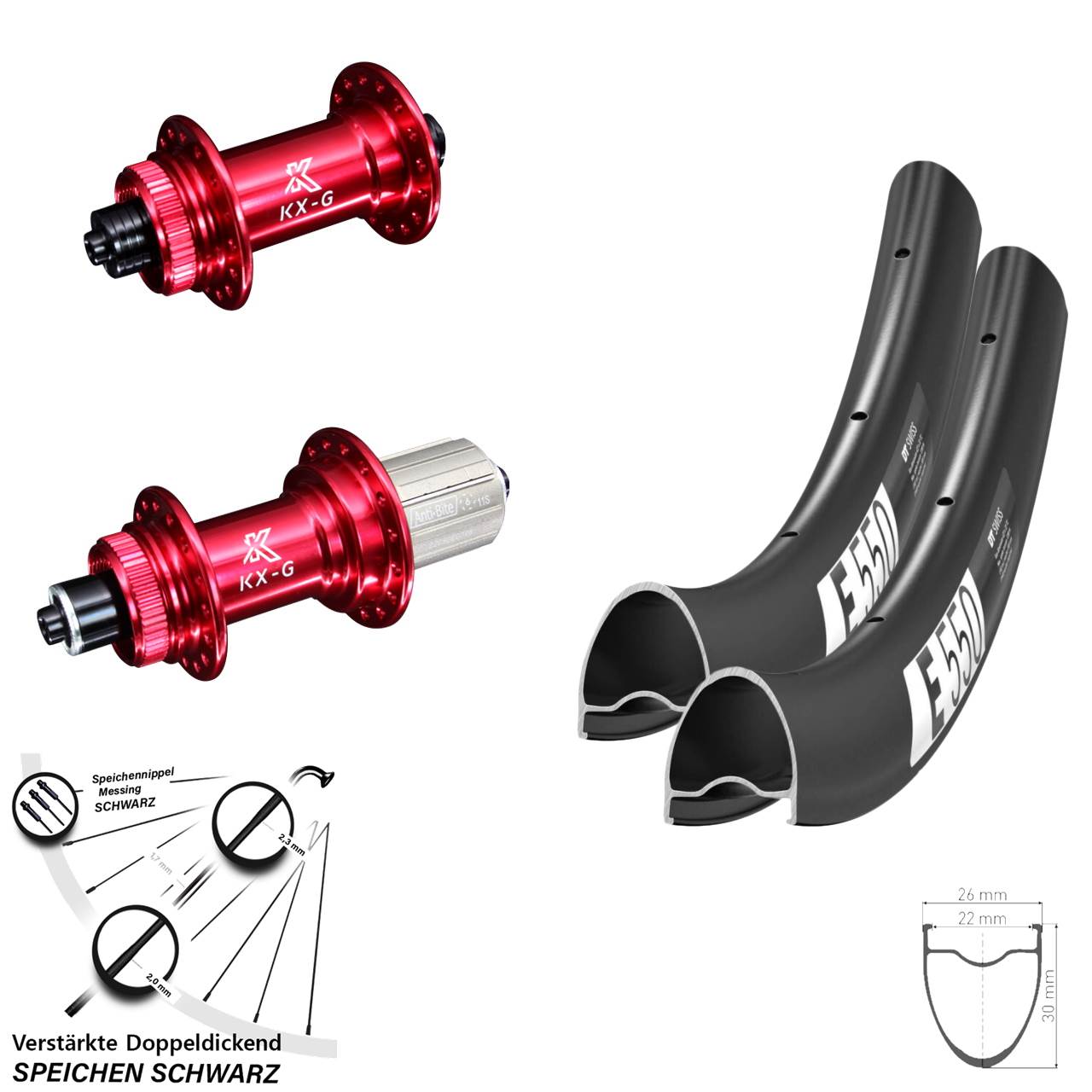 Disc Laufradsatz 28 Zoll DT Swiss E 550 KX-G rot 8-12 fach HG QR