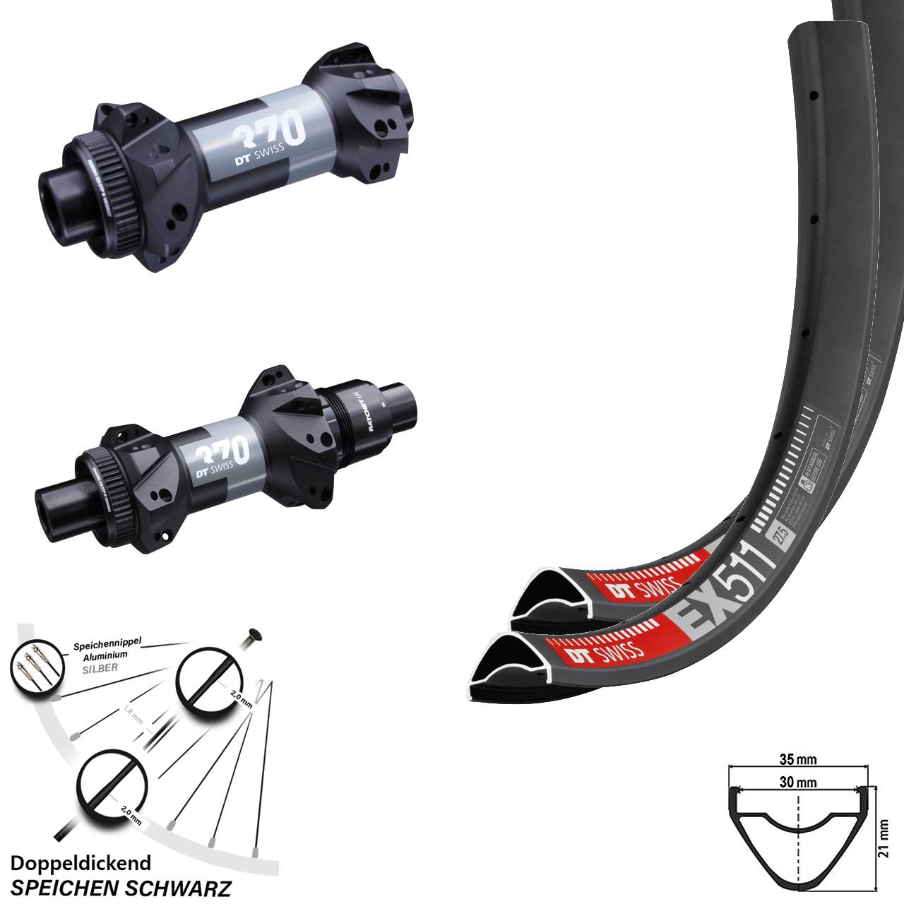 Laufradsatz 27,5 Zoll Straightpull 370 DT Swiss EX 511 Boost 15x110 12x148 Sram XD