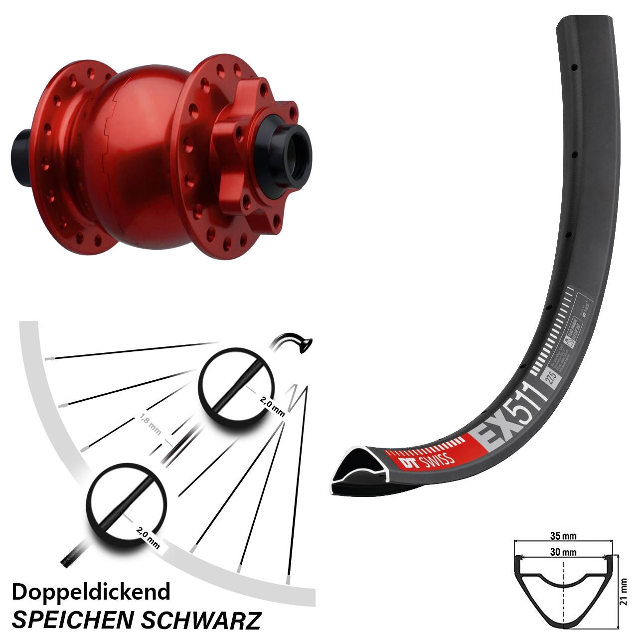 29 Zoll DT Swiss EX 511 SON 28 rot Disc Nabendynamolaufrad 15x110 Boost