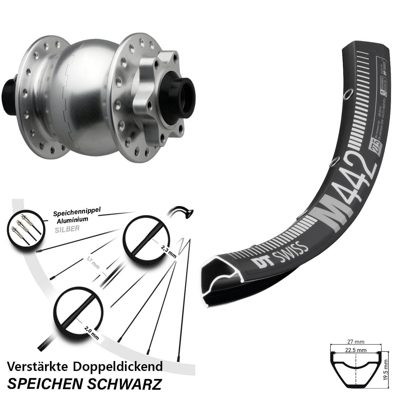 Disc Laufrad mit Nabendynamo DT Swiss M442 SON 28 Zoll silbern 15x110 Boost