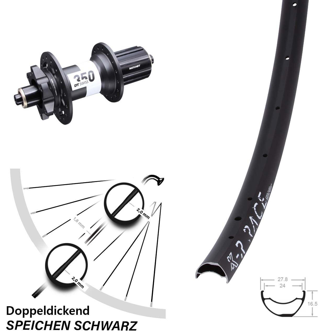 Hinterrad 6-Loch KX-R Race DT Swiss 350 8-11 fach QR Boost