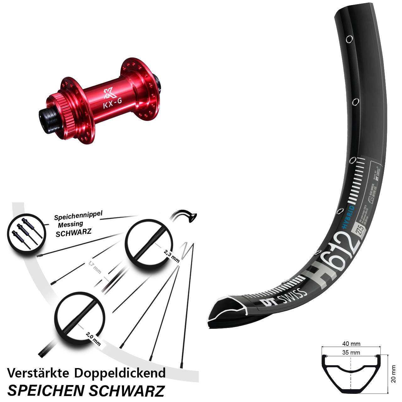 Centerlock Vorderrad 15x100 27,5 Zoll DT Swiss H 612 KX-G rot