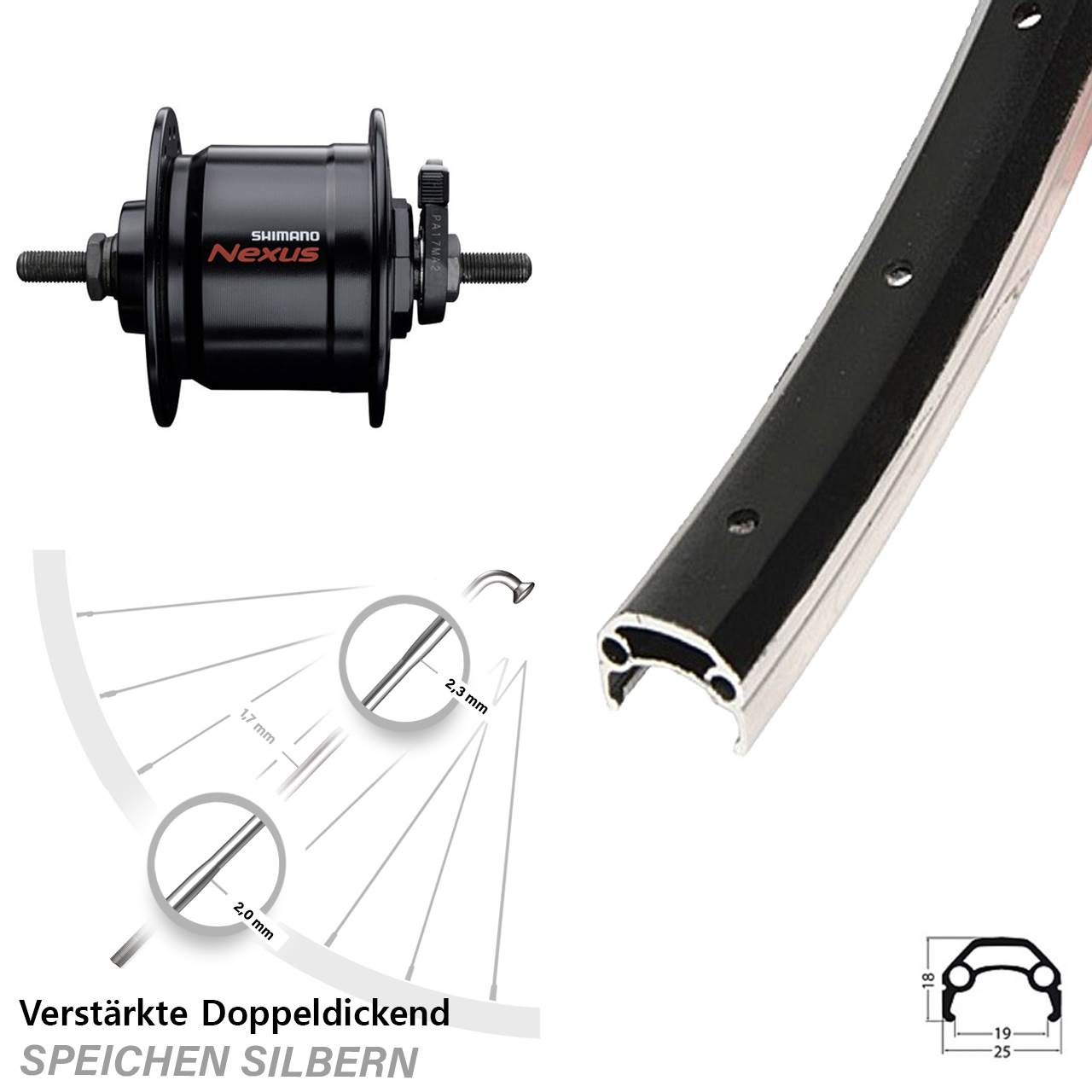 Nabendynamovorderrad Vollachse 20 Zoll Schürmann YAK 19 Shimano Nexus DH-C3000-3N