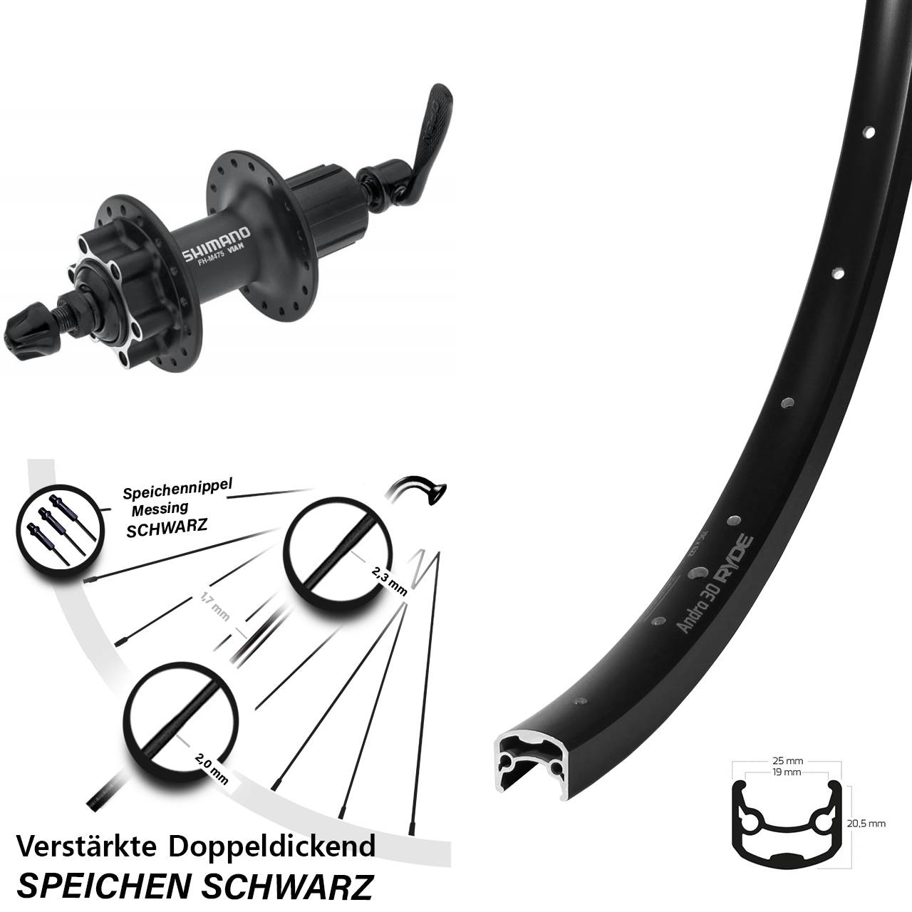 Ryde Andra 30 Shimano FH-M475 28 Zoll Disc Hinterrad für Schnellspanner 8-11 fach