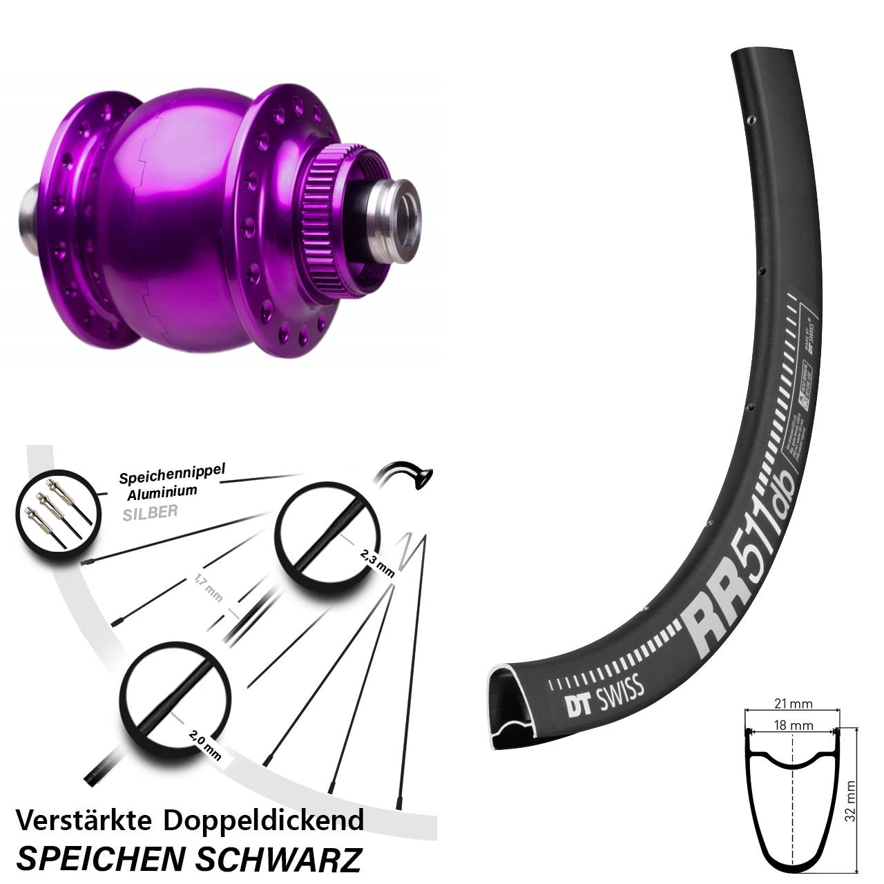 Disc Laufrad mit Nabendynamo 12x100 DT Swiss RR 511 SON 28 Zoll violett