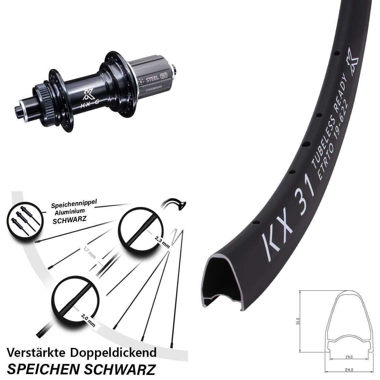 Centerlock Hinterrad QR 28 Zoll KX-GS 31 verstärkt 8-12 fach