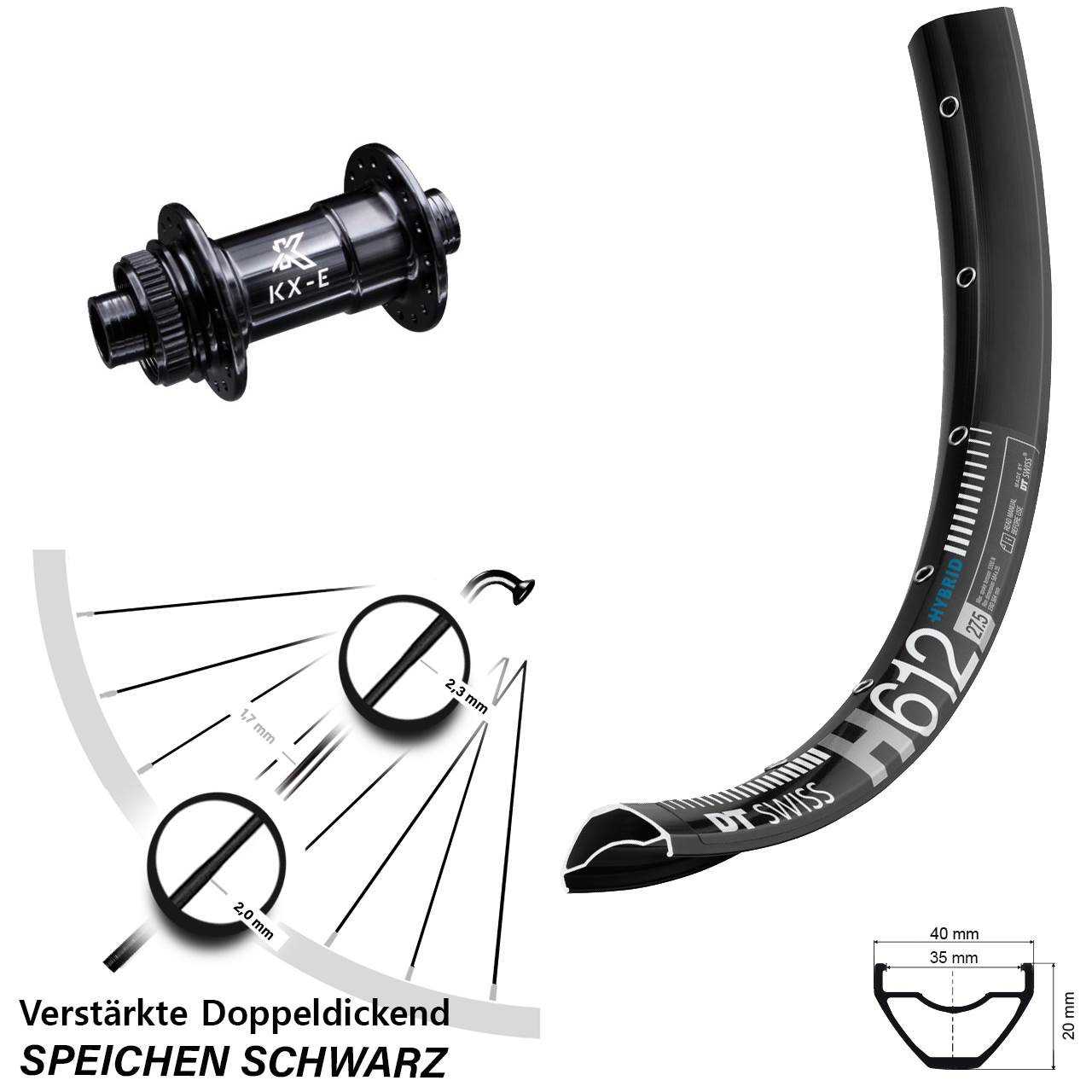 27,5 Zoll DT Swiss H 612 KX-E 4-fach gelagert Vorderrad Centerlock 15x100
