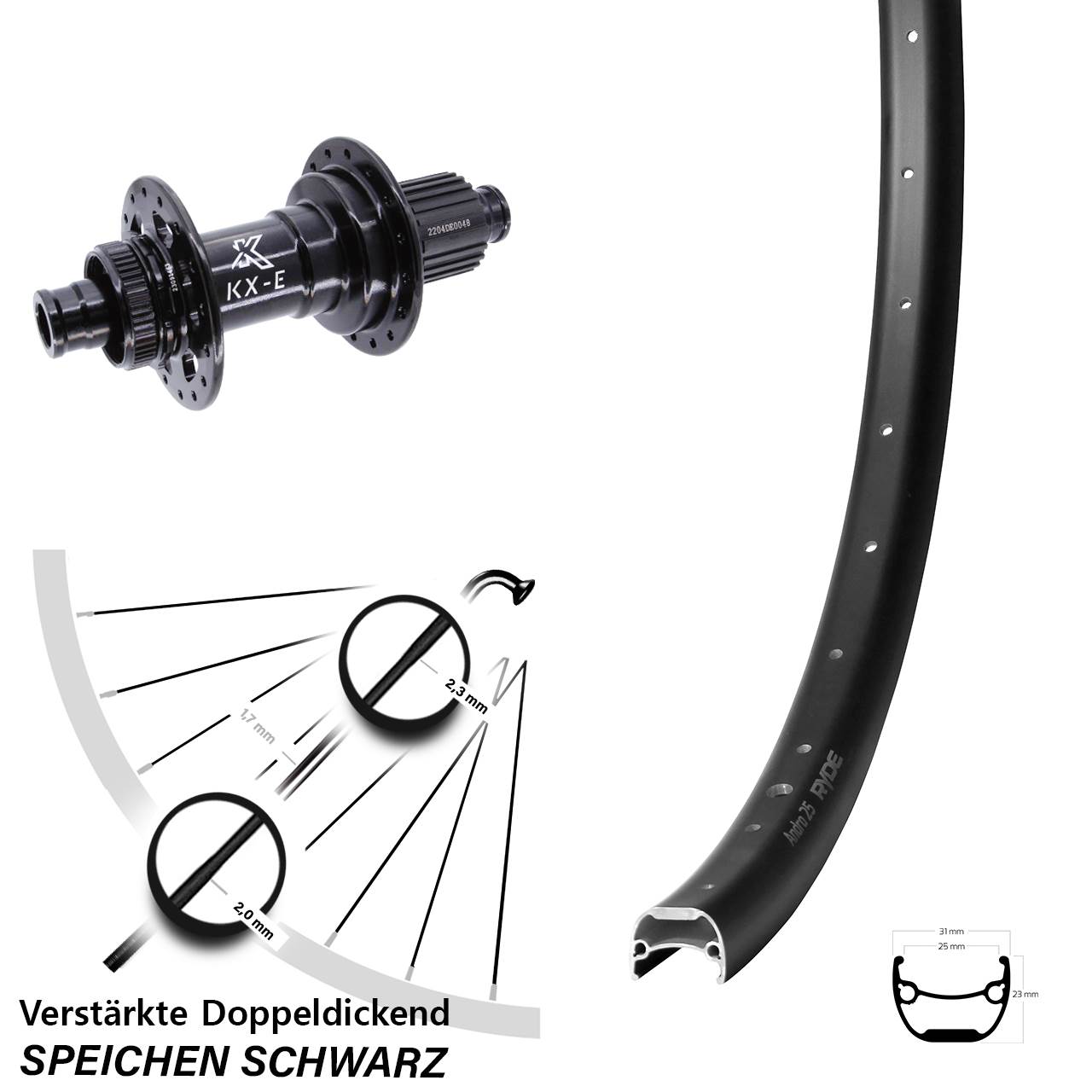 Ryde Andra 25 KX-E Heavy Duty 28-29 Zoll Disc Hinterrad 12x148 Shimano Micro Spline
