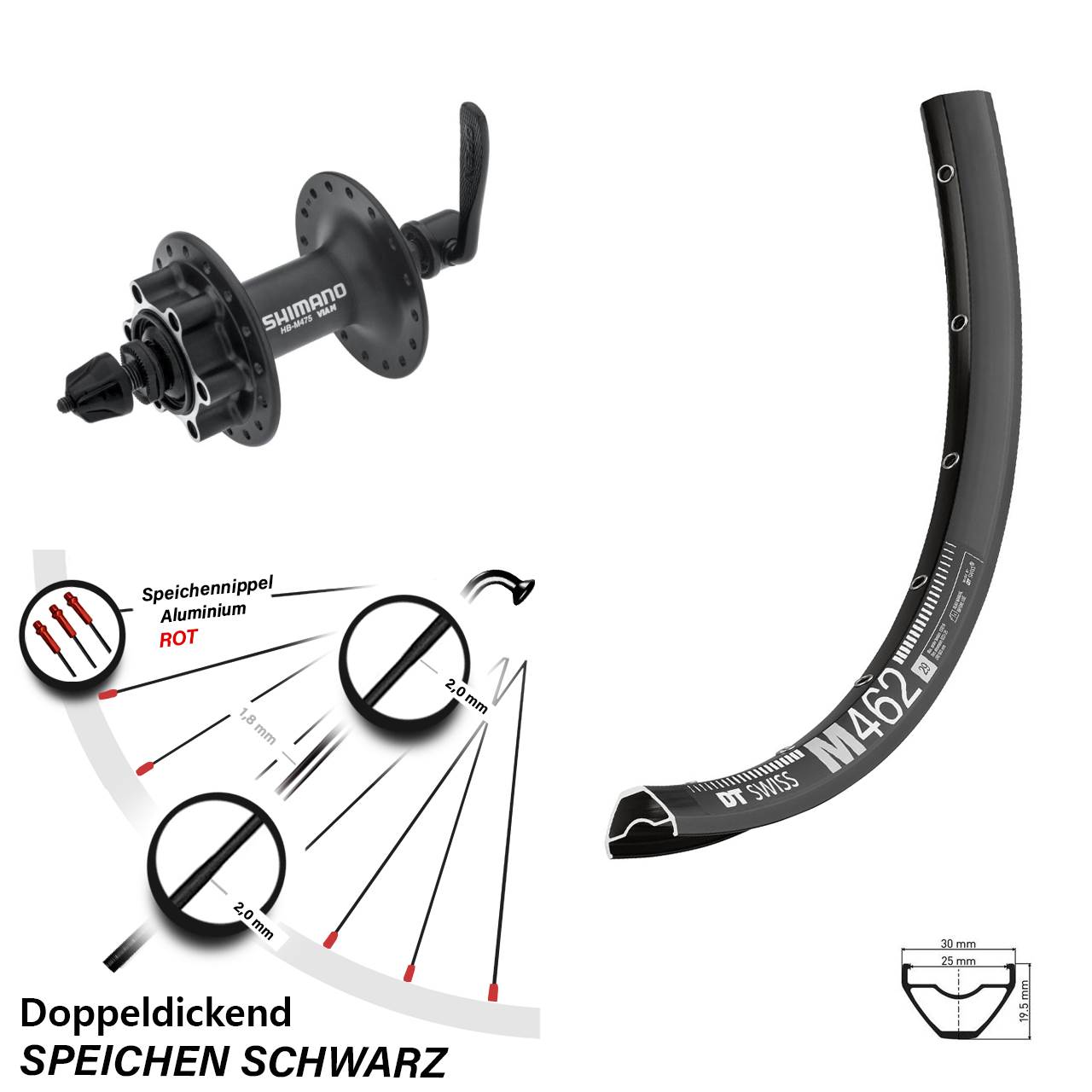 Vorderrad 6-Loch 650B DT Swiss M 462 Shimano HB-M475 für Schnellspanner