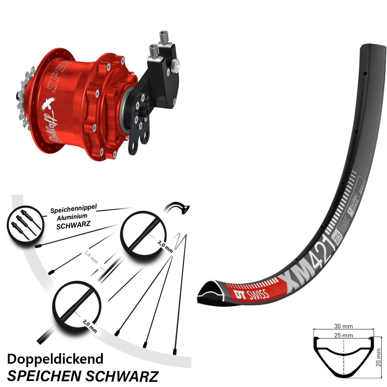 Hinterrad 27,5 Zoll DT Swiss XM 421 Disc Rohloff Speedhub 500/14 CC DB Tandem rot