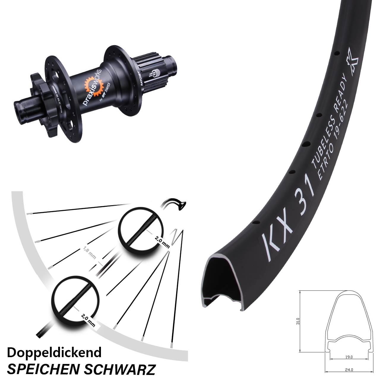 KX31 DT Swiss 350 28 Zoll Disc Hinterrad 12x142 Micro Spline