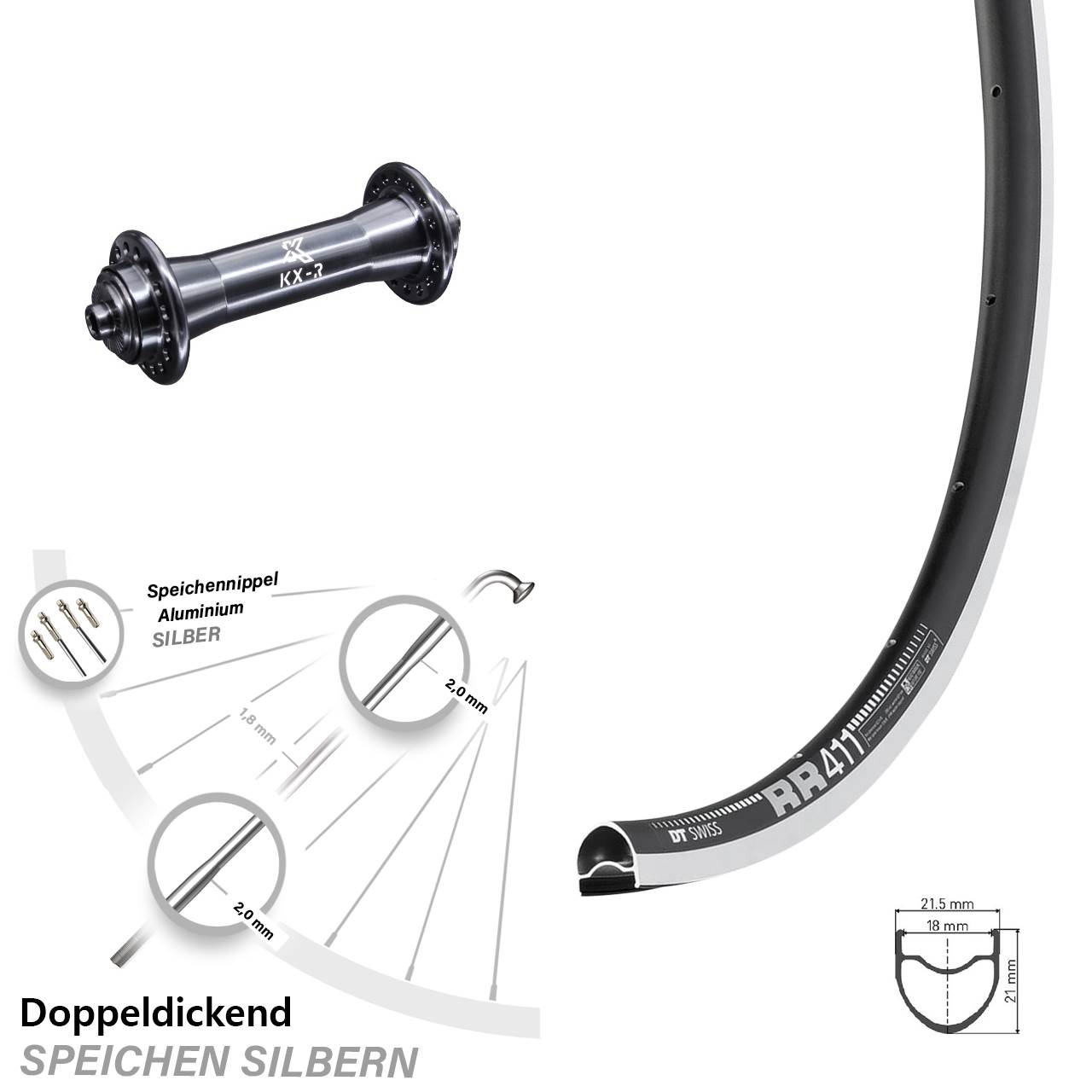 Vorderrad 28 Zoll DT Swiss RR 411 KX-R für Schnellspanner