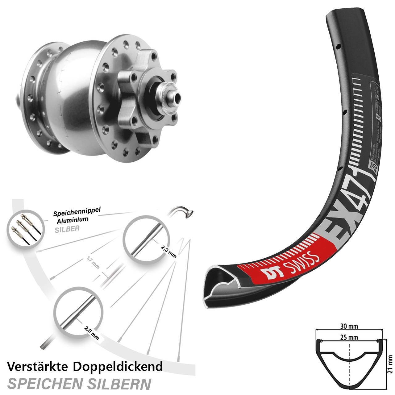 SON 28 silbern DT Swiss EX471 6-Loch 29 Zoll Nabendynamo-Vorderrad für Schnellspanner