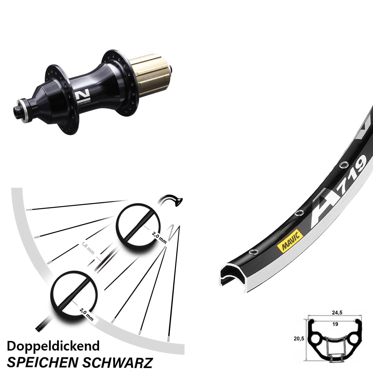 28 Zoll Hinterrad Mavic A 719 mit Novatec F 162 SB Nabe 8-12 fach