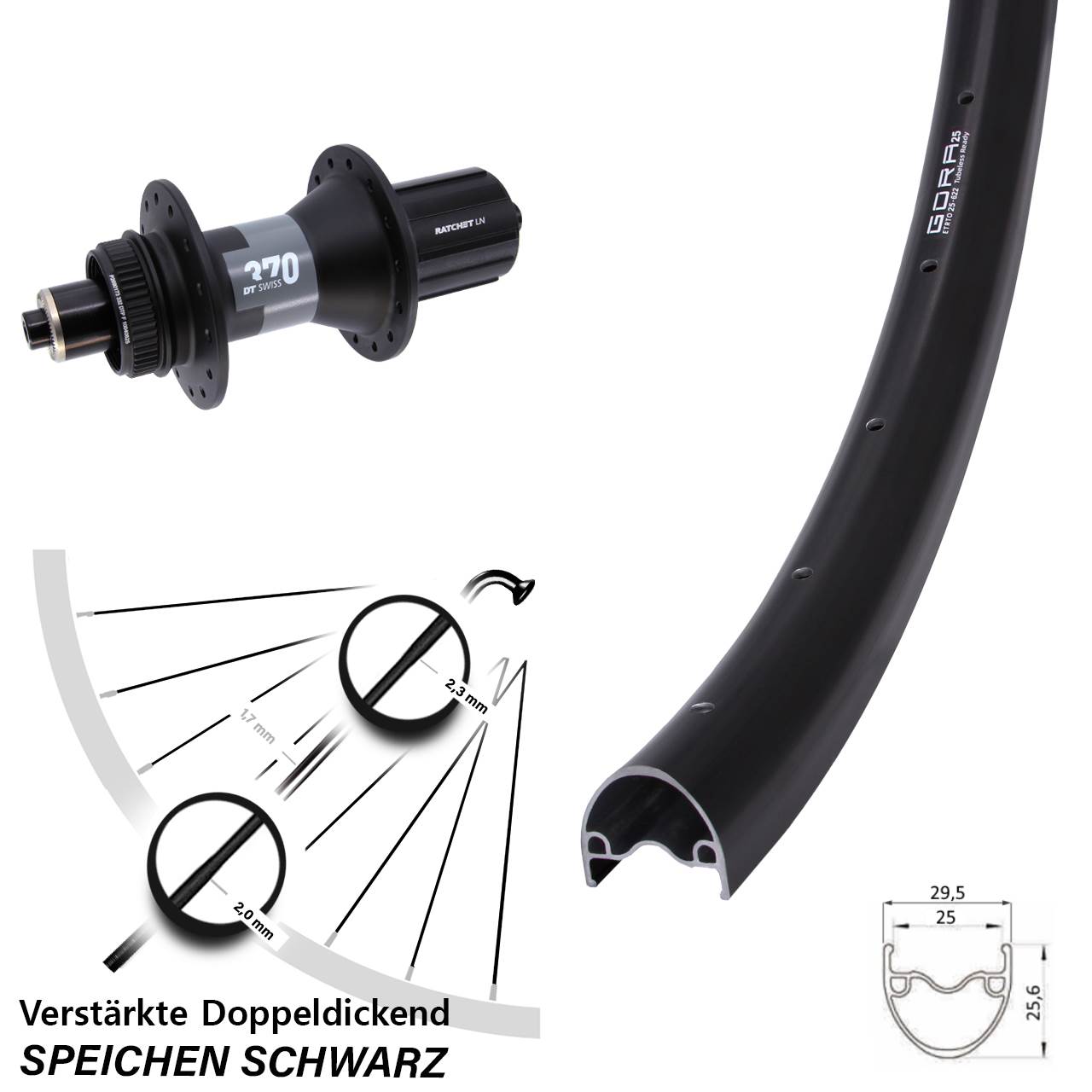 Disc Laufrad 28-29 Zoll Gora 25 DT Swiss 370 8-12 fach für Schnellspanner