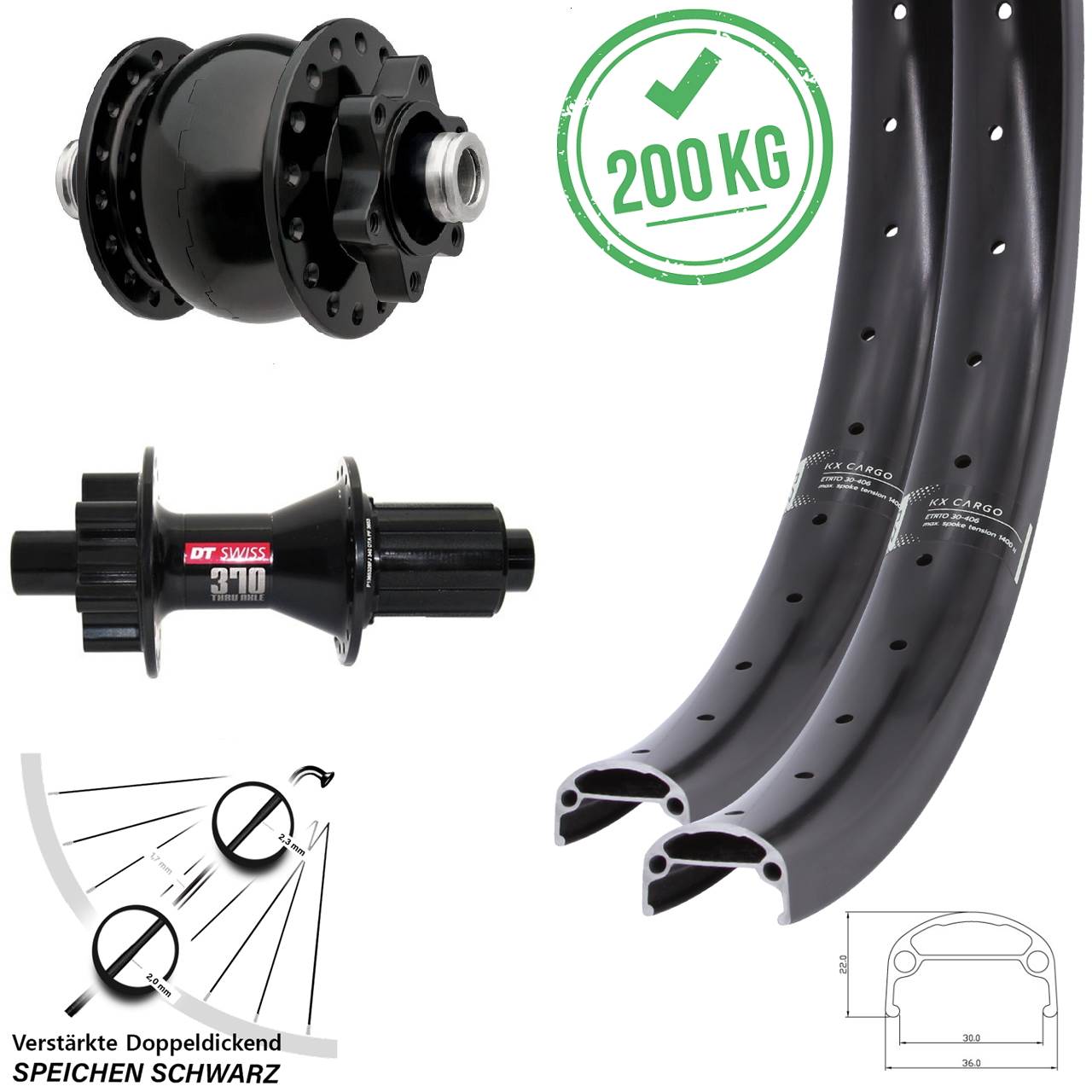 20 Zoll KX Cargo DT Swiss 370 Hybrid SON 28 Disc Laufradsatz 12x100/142 8-11 fach HG