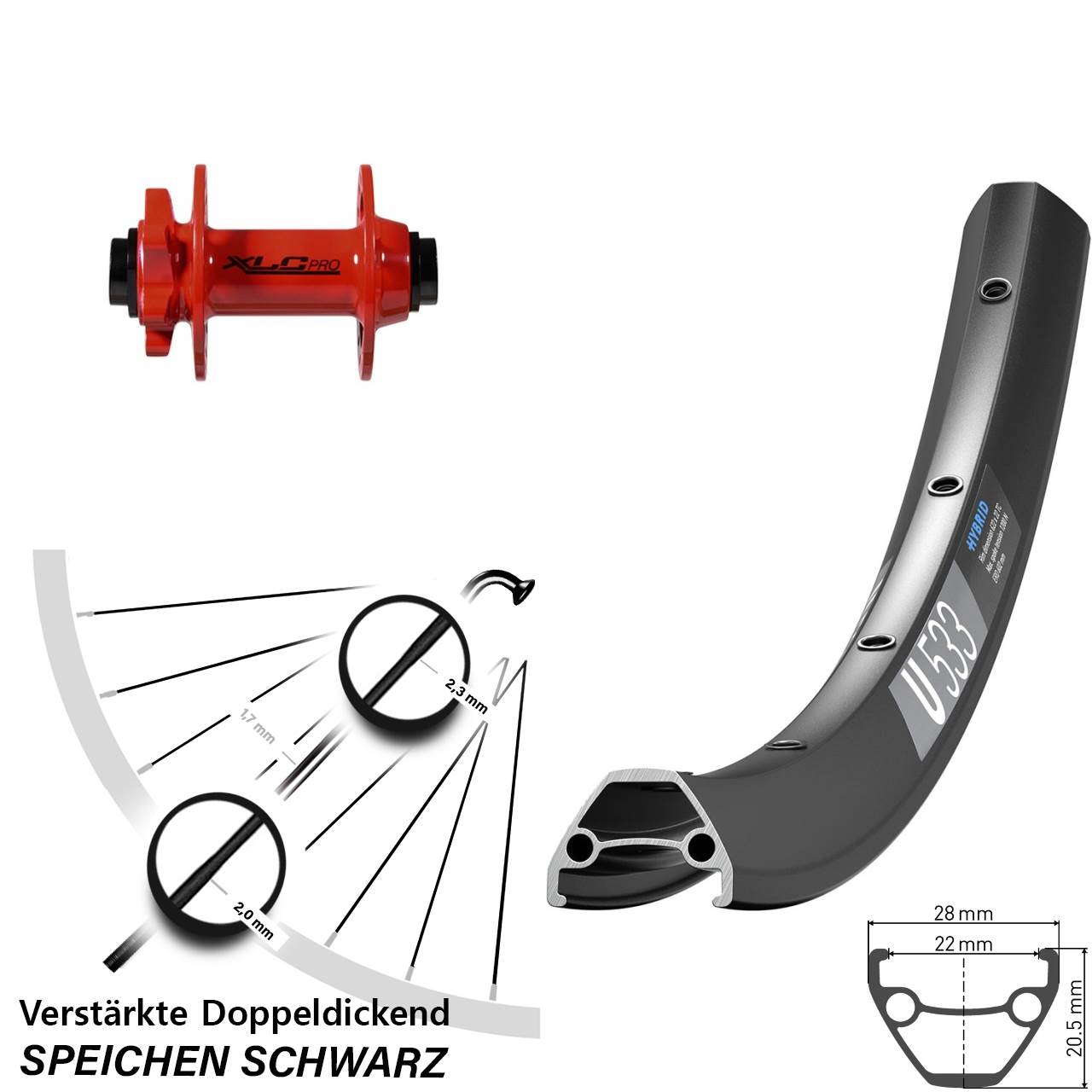 DT Swiss U533 XLC Pro rot 26 Zoll Disc Laufrad 15x100