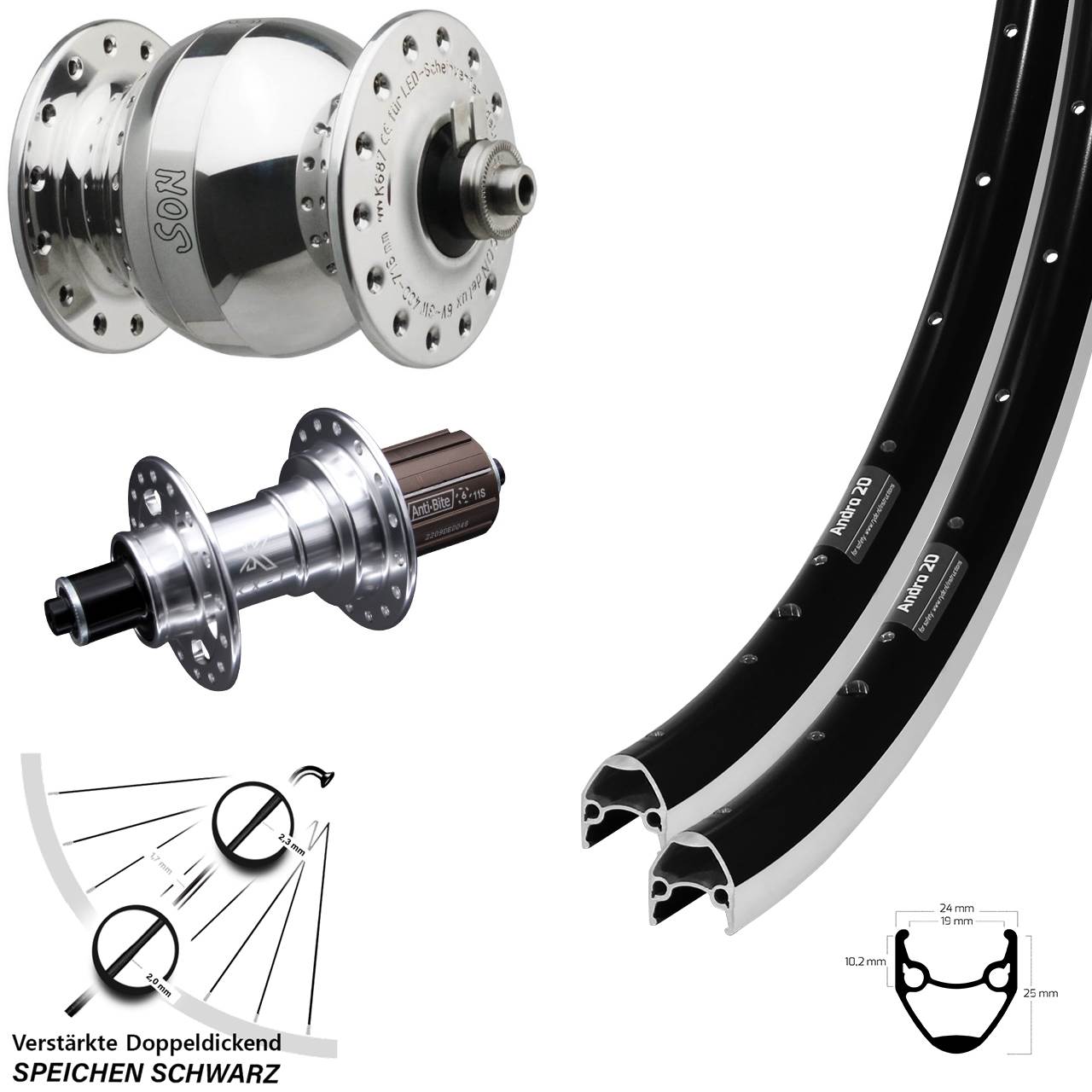 Laufradsatz 28 Zoll Ryde Andra 20 KX-T SON delux wide body 8-12 fach HG QR