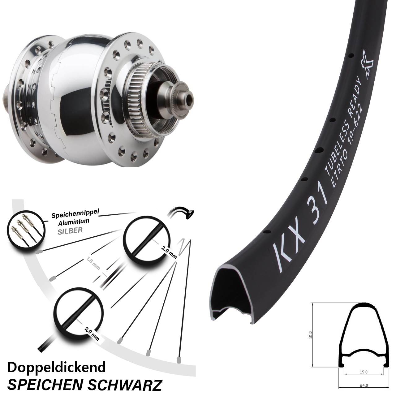 Centerlock Dynamo-Vorderrad QR 28 Zoll KX31 SON 28 poliert