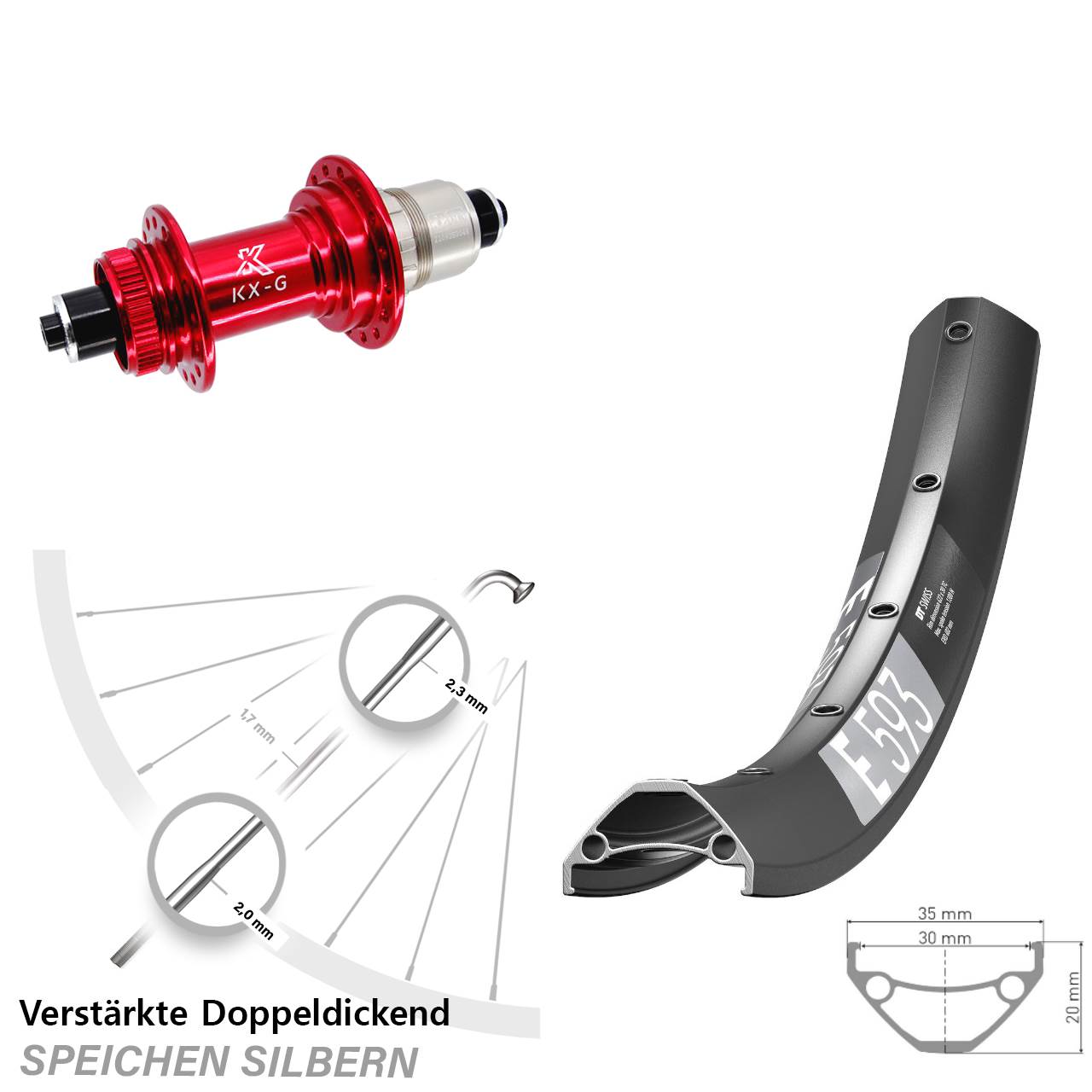 Hinterrad Centerlock 29 Zoll DT Swiss E 593 KX-G rot XDR QR